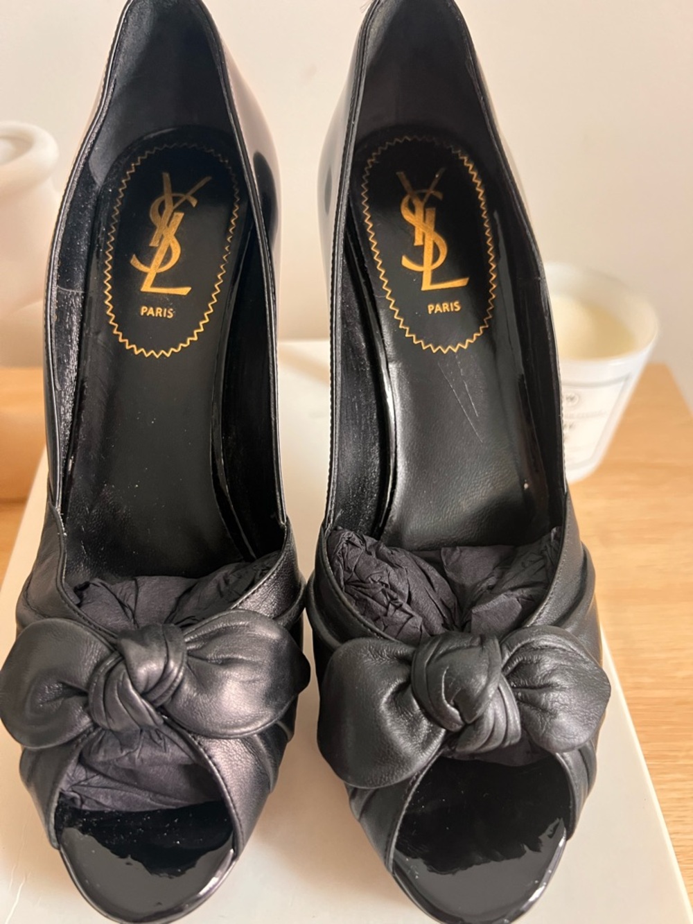 Yves Saint Laurent Black Patent & Leather Knotted Peep-Toe Heels - Picture 2 of 5
